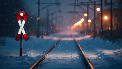 snow storm on the rail crossing , crossing signal 