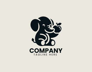 Obraz premium Baby elephant gently holds apple creating adorable black vector logo artwork design