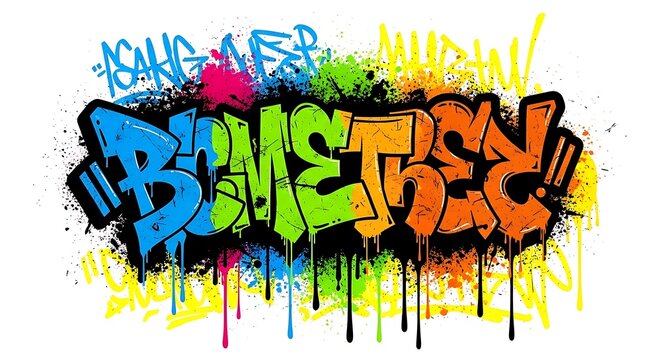 A vibrant graffiti art piece featuring bold lettering and colorful paint splatters on a white background