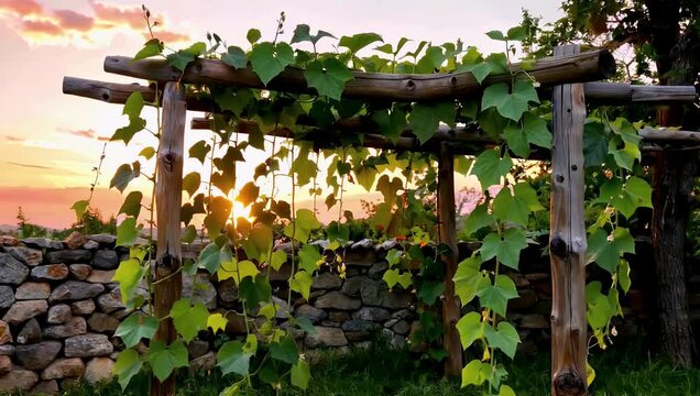 Sunset illuminated grapevine trellis in rustic outdoor garden with stone wall