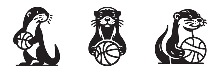 Otter Basketball Trio: Playful Sports Team Mascot Logos.