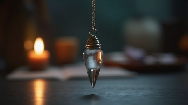 Close up of crystal pendulum swinging over chart face obscured dowsing technique divination tool spiritual guidance energy reading psychic practice pendulum reading