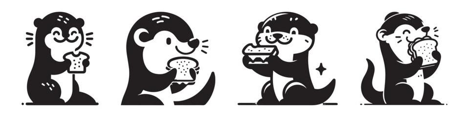Otters Enjoying Food: A Delightful Black and White Illustration.