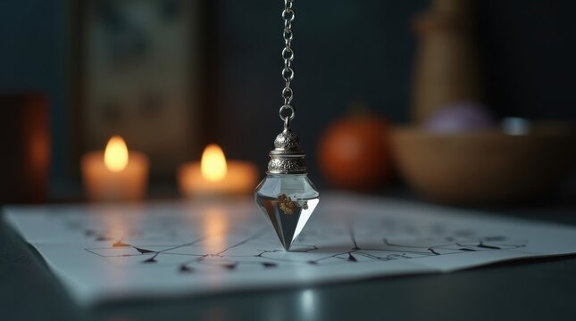 Close up of crystal pendulum swinging over chart face obscured dowsing technique divination tool spiritual guidance energy reading psychic practice pendulum reading