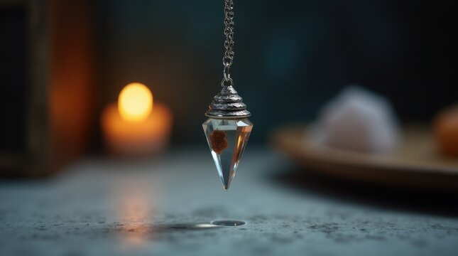 Close up of crystal pendulum swinging over chart face obscured dowsing technique divination tool spiritual guidance energy reading psychic practice pendulum reading