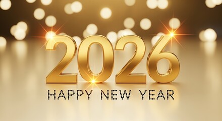 Golden 3D numbers 2026 with Happy New Year text and bokeh lights, celebrating the upcoming year with a festive and luxurious feel
