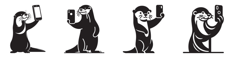 Otters taking selfies with smartphones black and white illustration.