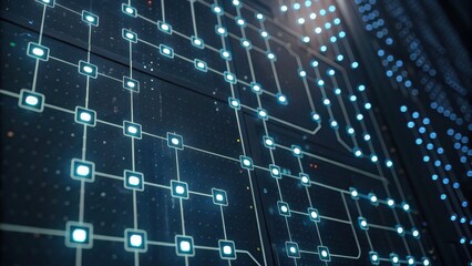 A close-up view of a digital circuit board featuring glowing connections and nodes, illustrating technology and data flow.