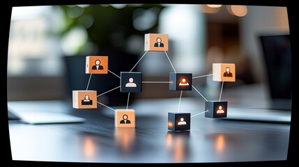 Wooden blocks with human icons are connected by lines, symbolizing a network or team on a desk with a laptop and plant.