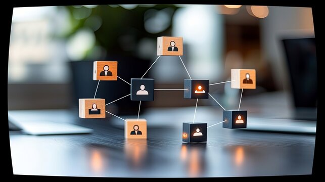 Wooden blocks with human icons are connected by lines, symbolizing a network or team on a desk with a laptop and plant. - Powered by Adobe