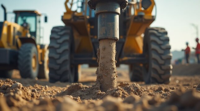 Drilling machine stuck in ground at construction site. Heavy machinery, construction workers present. Closeup probe used for core sampling soil earthworks, geological research. Civil engineering