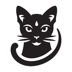 Black Cat Silhouette with Whiskers and Curved Tail.