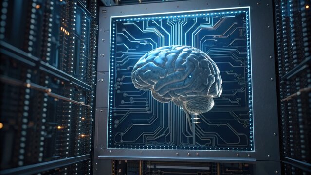 A digital brain is displayed within a circuit board, symbolizing the intersection of technology and human cognition.
