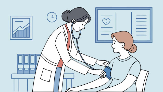 Female doctor checking patient's blood pressure with stethoscope in a medical examination room setting