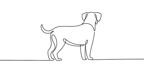 a dog standing and looking forward, representing pets, animals, loyalty, and simple artistic design.