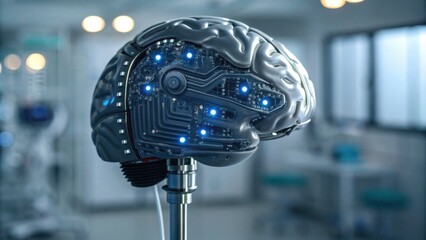 A futuristic robotic brain with glowing circuits, symbolizing advanced technology and artificial intelligence in a clinical environment.