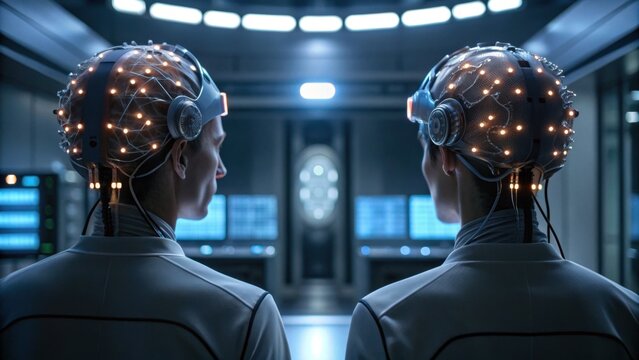 Two individuals with futuristic headgear filled with lights stand in a high-tech environment, suggesting advanced technology and a scientific setting.