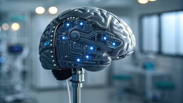 A futuristic robotic brain with glowing circuits, symbolizing advanced technology and artificial intelligence in a clinical environment.
