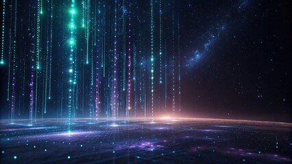A digital representation of a cosmic scene, featuring vibrant vertical light streams set against a starry backdrop, evoking a sense of depth and otherworldliness.