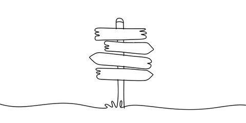 Simple continuous-line sketch of a directional signpost representing choices, navigation, guidance, and decision-making in a clean minimalist style.
