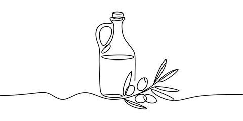Minimal continuous line of an olive oil bottle with olives and leaves, ideal for cooking, Mediterranean themes, and modern food design.