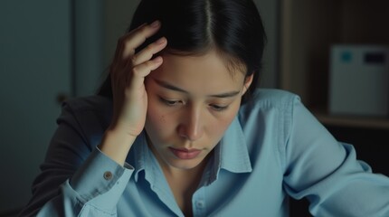 Exhausted Woman Rubbing Eyes, Suffering from Eye Strain, Fatigue, or Dry Eyes While Working Late 
