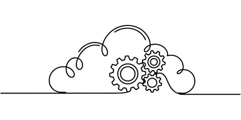 a cloud containing gears, symbolizing cloud computing, technology, data systems, and digital processes.