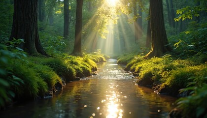 Obraz premium Calm forest stream with clear water flows between green banks, trees. Sunlight filters through leaves, casting rays, reflecting on water surface. Peaceful forest scene with foliage, serene atmosphere.
