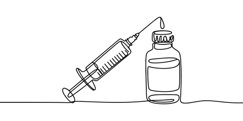 a syringe beside a medicine bottle with a falling drop, symbolizing healthcare, treatment, and medical practice.