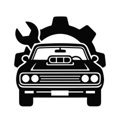 Retro car with gear and wrench symbol, black and white service emblem, car repair, auto repair shop, mechanic logo, garage emblem