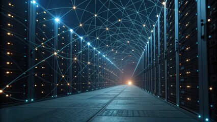 A futuristic data center with rows of servers connected by glowing networks, showcasing advanced technology and digital infrastructure.