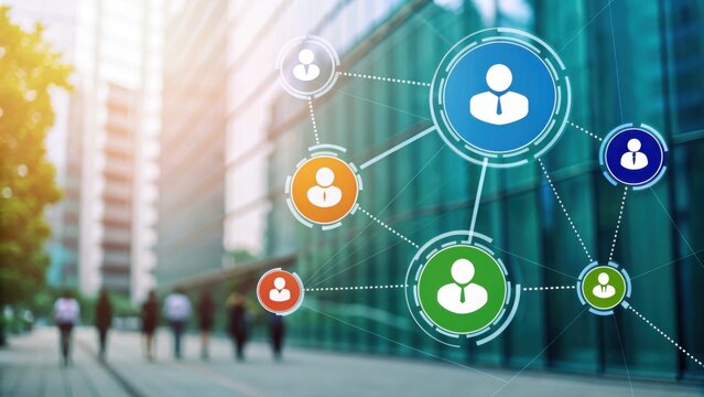 A visual representation of social networking, illustrating connections among individuals against a modern urban backdrop.
