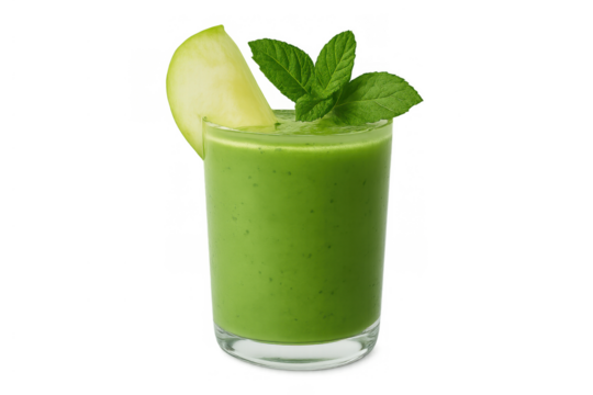 Green smoothie in glass, garnishing with green apple slice and fresh mint leaves, healthy detox beverage, transparent background