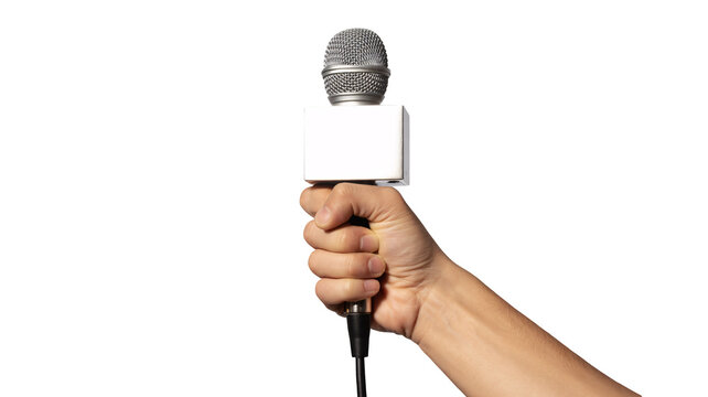 Microphone in hand for interview news broadcast or podcast recording