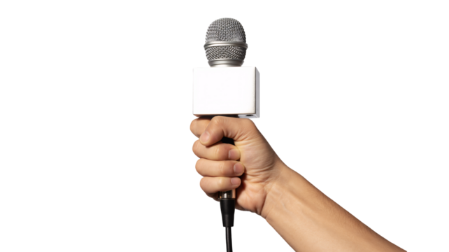 Microphone in hand for interview news broadcast or podcast recording
