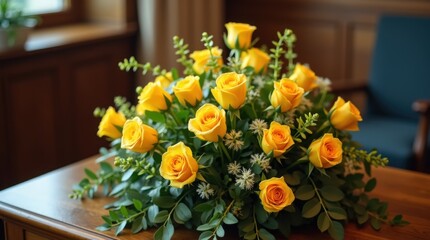 Funeral memorial arrangement with yellow roses displayed near person in suit. Respectful symbol for mourning events. Floral tribute design for commemoration of loss end of life. Condolences