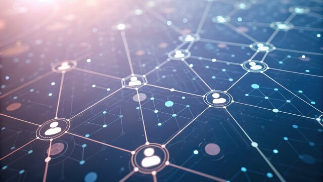 A digital network visualization showcasing interconnected nodes and user icons, representing social connections in a modern, tech-driven environment.
