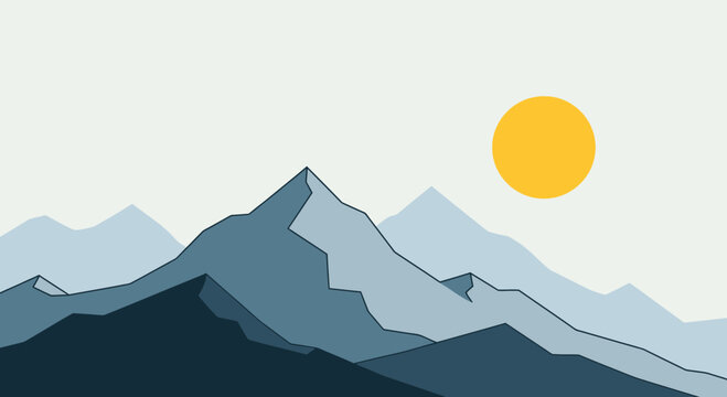 Minimalist mountain range illustration with rising sun in a serene landscape