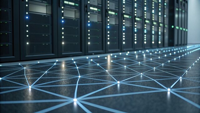 A modern data center showcasing server racks and a networked floor design illuminated by blue lights. - Powered by Adobe