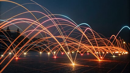 A captivating display of colorful light trails against a dark backdrop, creating dynamic arcs that suggest movement and energy.