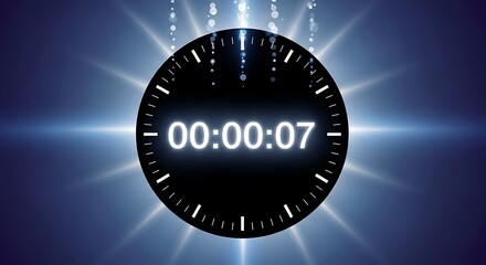 Futuristic digital countdown clock displaying seven seconds remaining with dramatic lighting effects