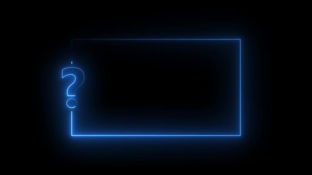 Glowing blue neon question mark and rectangular frame on black background abstract concept uncertainty mystery unknown inquiry exploration digital design element