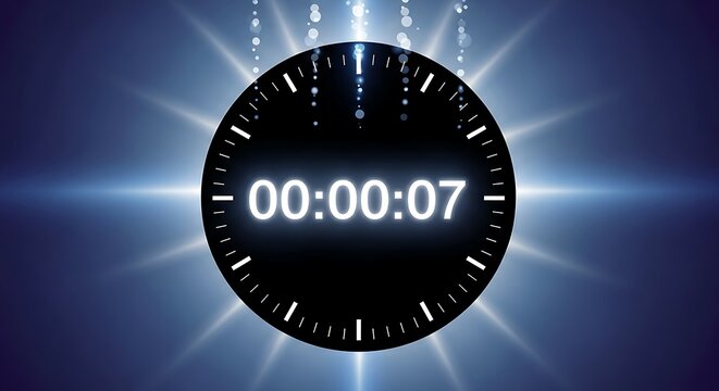 Futuristic digital countdown clock displaying seven seconds remaining with dramatic lighting effects - Powered by Adobe