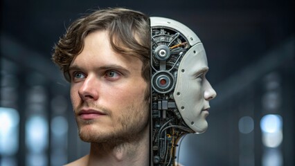 A striking image of a man's face split with a robotic counterpart, exploring the intersection of humanity and artificial intelligence.