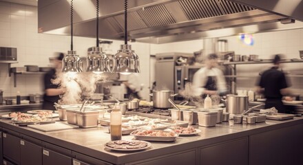 Busy professional kitchen scene with chefs working around a countertop station