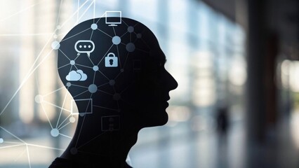A silhouette of a head surrounded by digital icons, representing concepts like communication, security, and cloud technology, illustrating the intersection of human thought and technology.