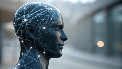 A futuristic mannequin head adorned with a network of glowing connections, symbolizing advanced technology and artificial intelligence.