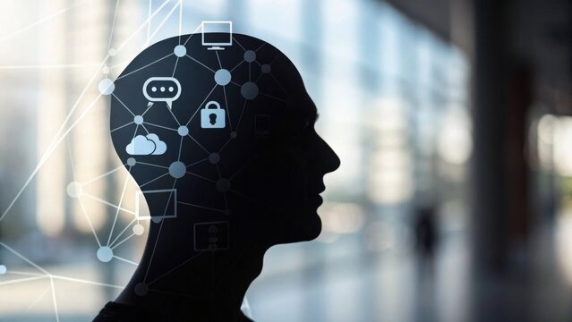 A silhouette of a head surrounded by digital icons, representing concepts like communication, security, and cloud technology, illustrating the intersection of human thought and technology.