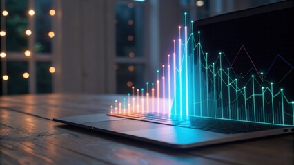 A glowing data visualization displayed on a laptop, highlighting various statistics against a cozy background with soft lighting.