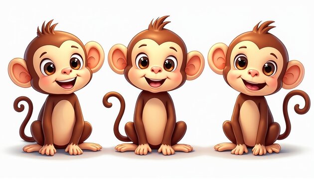 Three cute cartoon monkeys sit on white background. Large brown eyes, floppy ears, happy smiles. Tails curl, fluffy brown fur soft. Illustration full of playful charm.